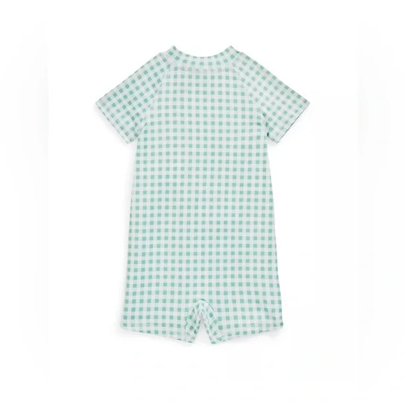 Baby boy short sleeved Gingham Rash Guard Shortall